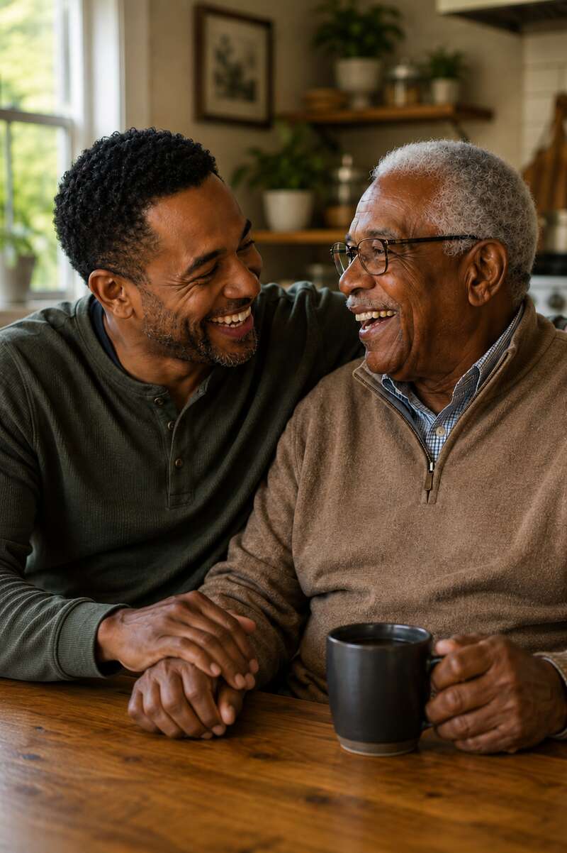 A son and father over morning coffee