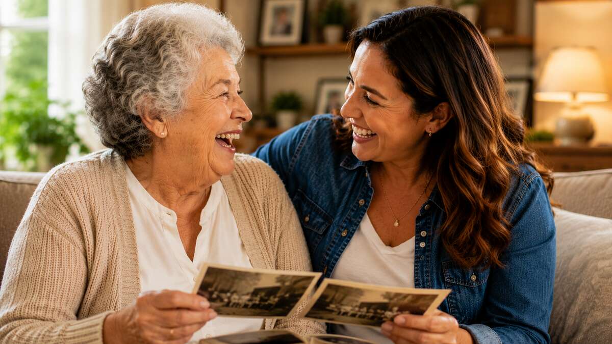 A caregiver and loved one looking at photos